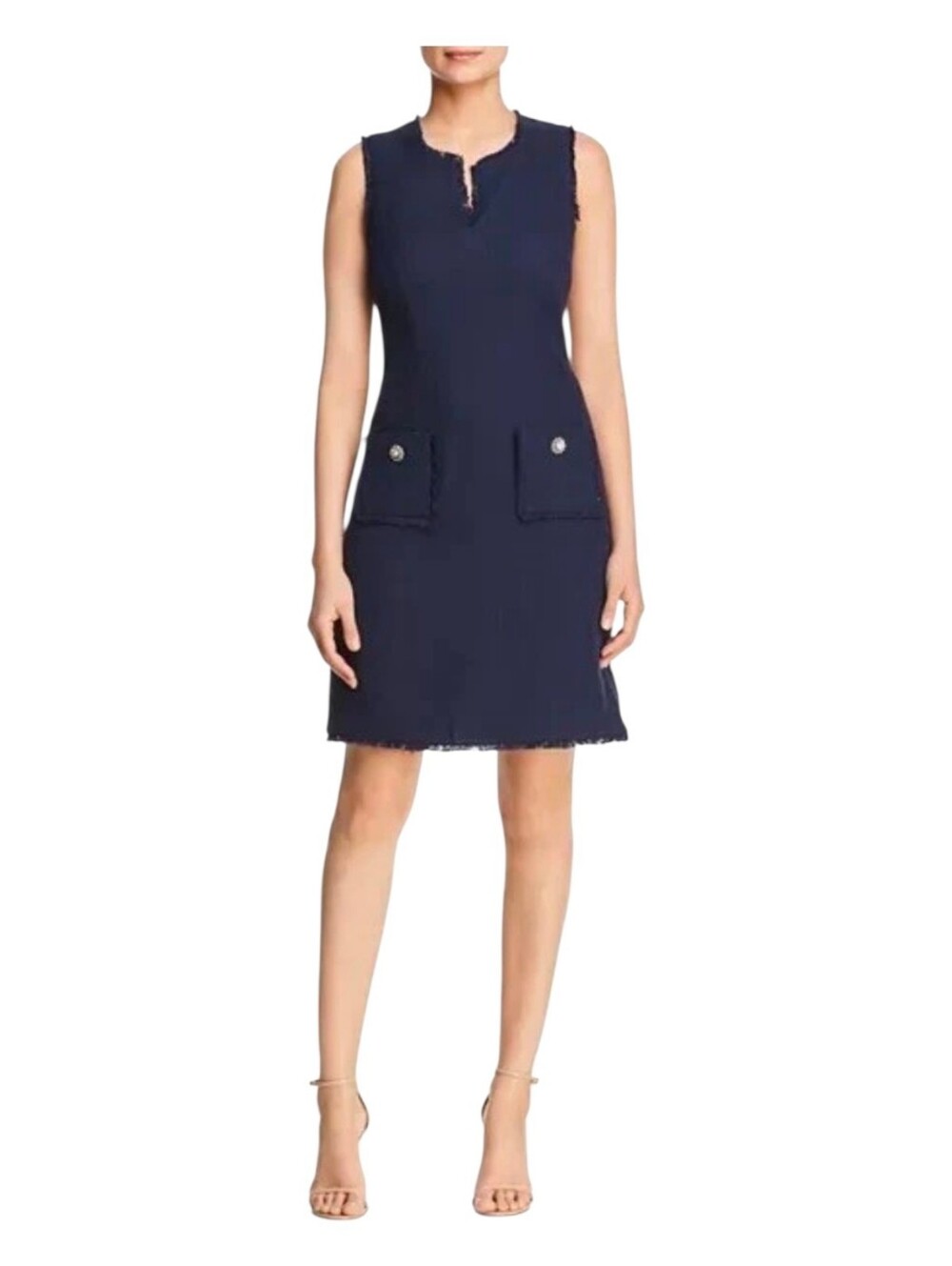 KARL LAGERFELD PARIS Sleeveless Tweed Fringe Sheath Dress Navy Size 10 EUC